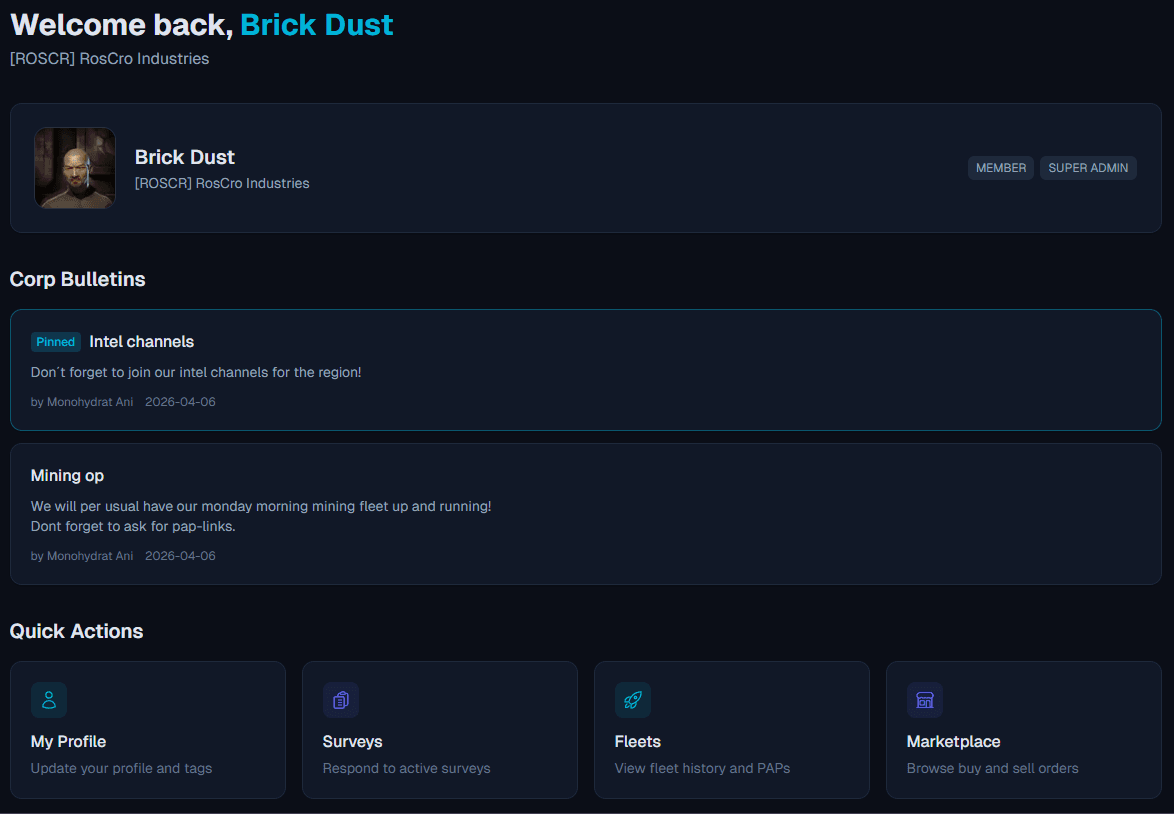 NECM dashboard showing pilot profile, corporation bulletins and quick action tiles