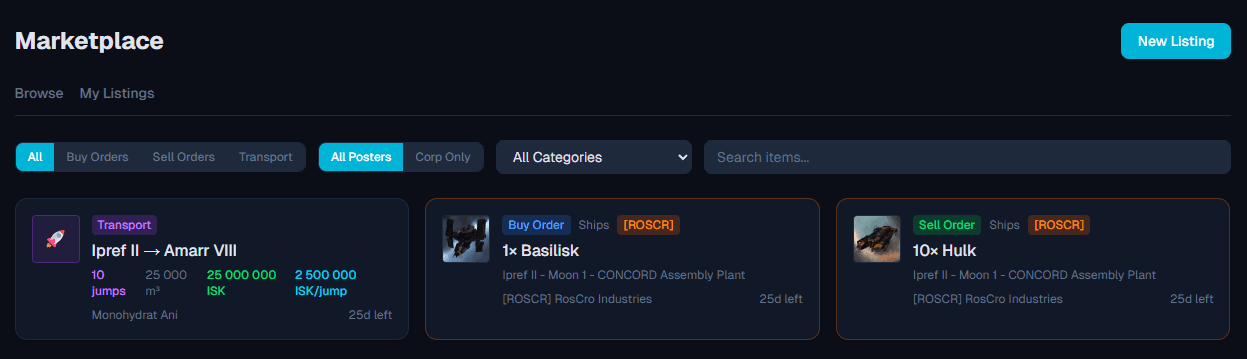 NECM marketplace showing transport contracts, buy orders and sell orders with ISK pricing
